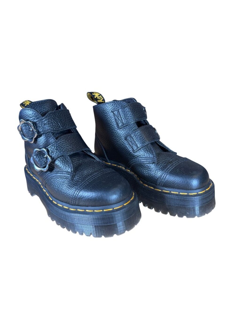 Dr. Martens Devon Heart Flower Platform Y2K Combat Boots Black Leather Size 7